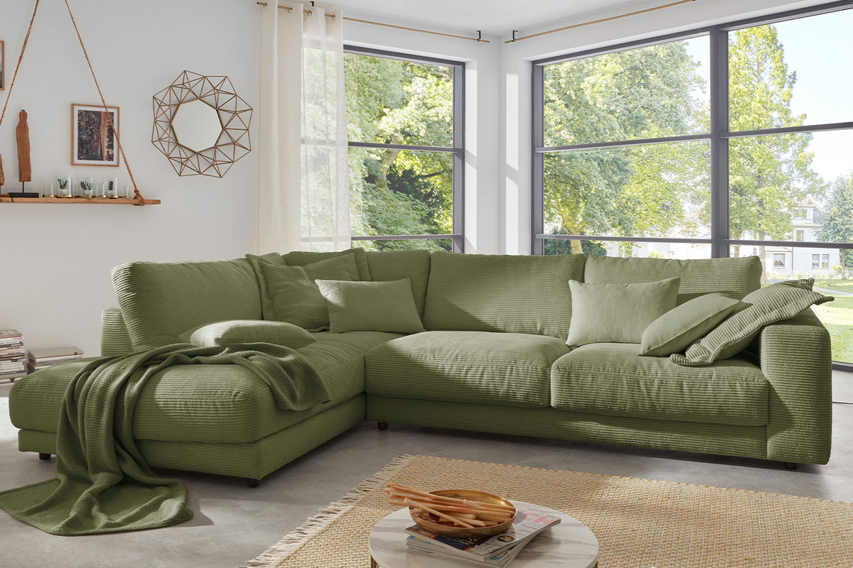 KAWOLA Sofa MADELINE Ecksofa mit Recamiere Cord olivgrün