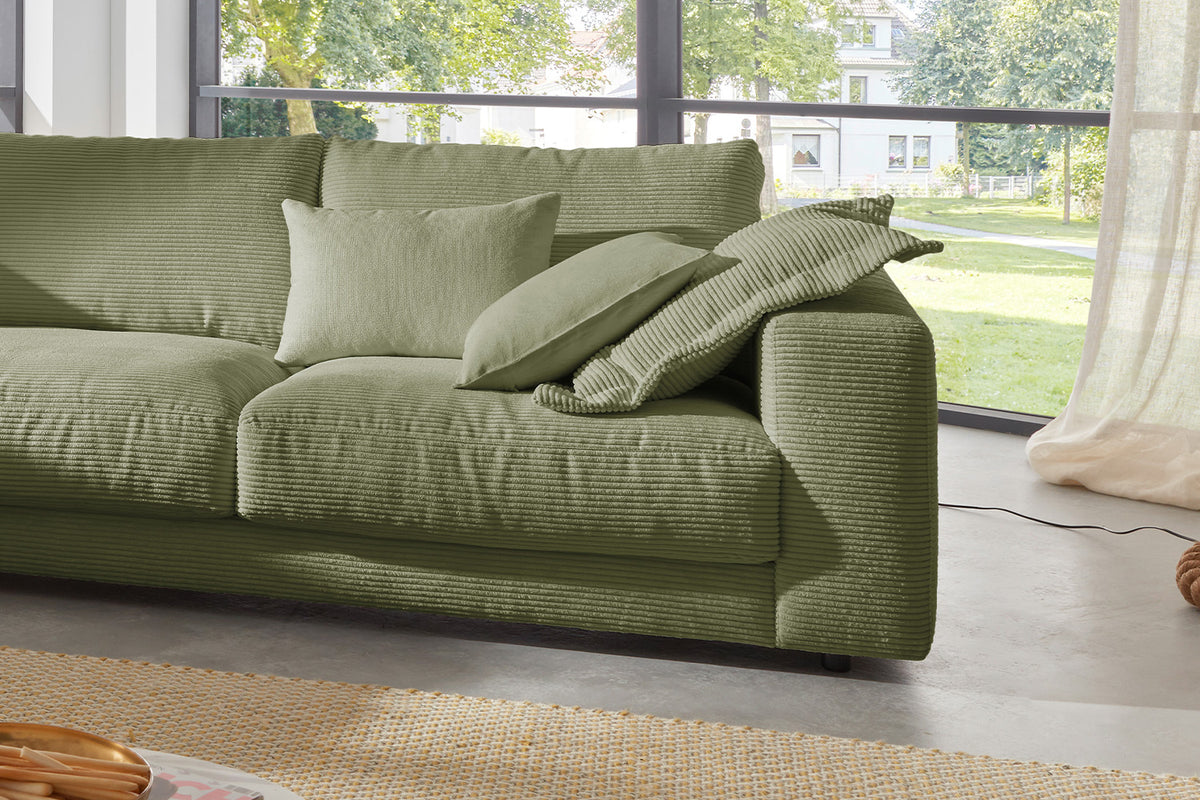 KAWOLA Sofa MADELINE Ecksofa mit Recamiere Cord olivgrün