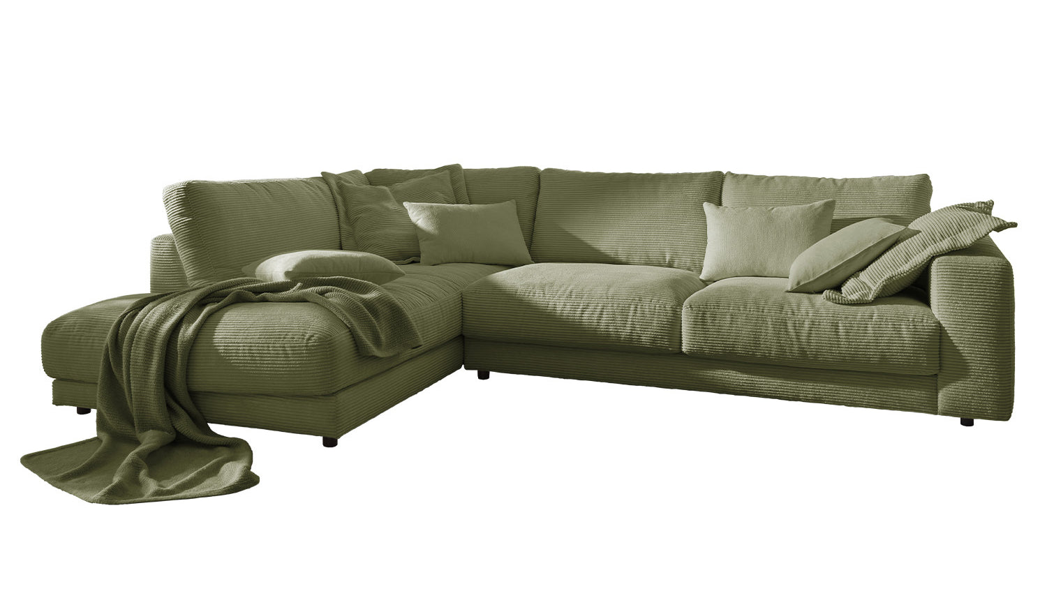 KAWOLA Sofa MADELINE Ecksofa mit Recamiere Cord olivgrün