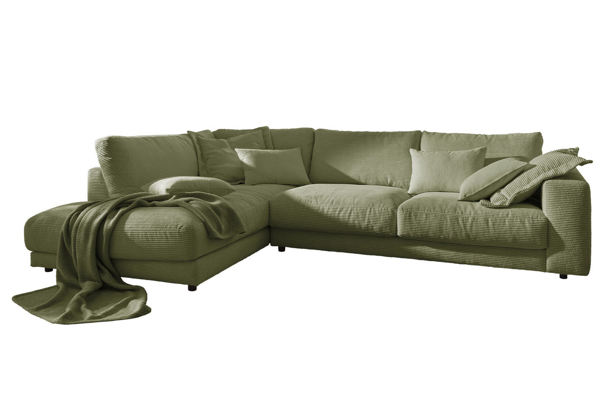 KAWOLA Sofa MADELINE Ecksofa mit Recamiere Cord olivgrün