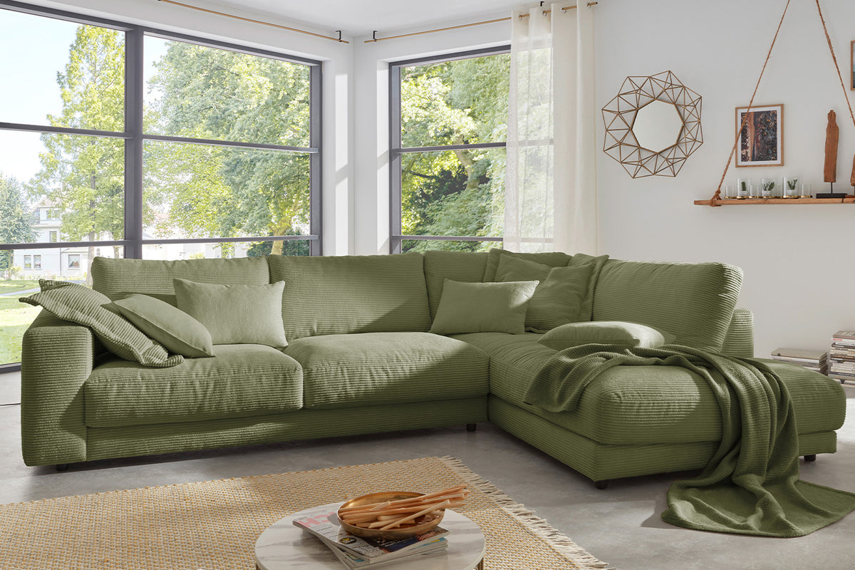KAWOLA Sofa MADELINE Ecksofa mit Recamiere Cord olivgrün