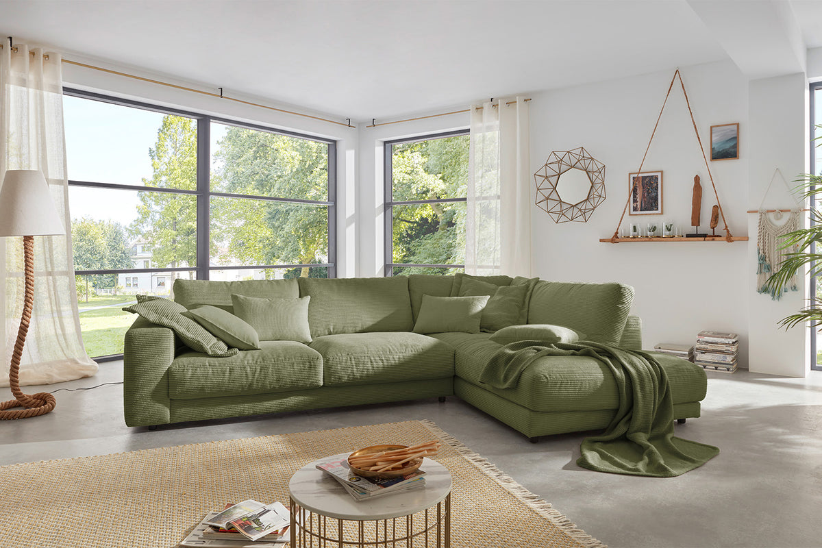 KAWOLA Sofa MADELINE Ecksofa mit Recamiere Cord olivgrün, Rechts