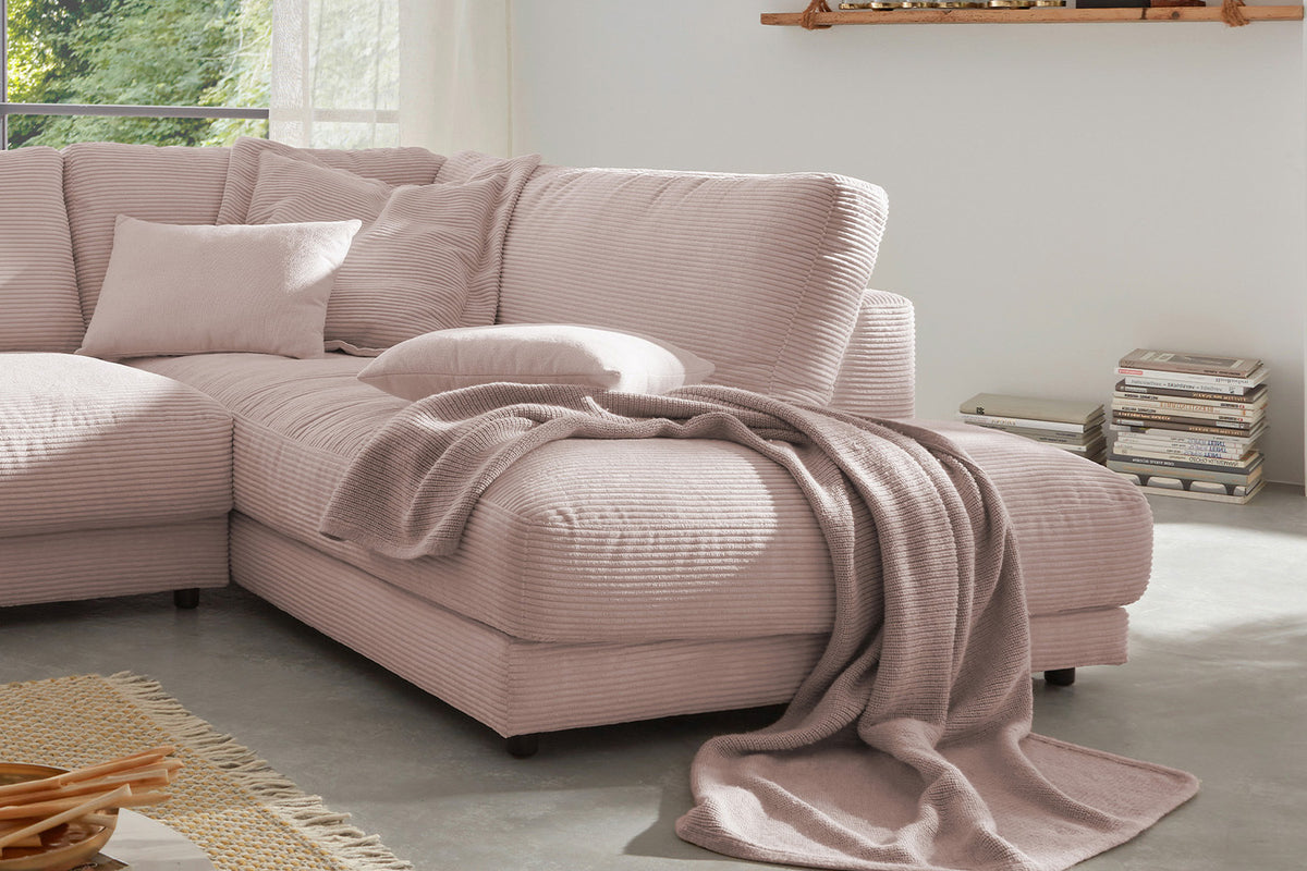 KAWOLA Sofa MADELINE Ecksofa mit Recamiere Cord rosa