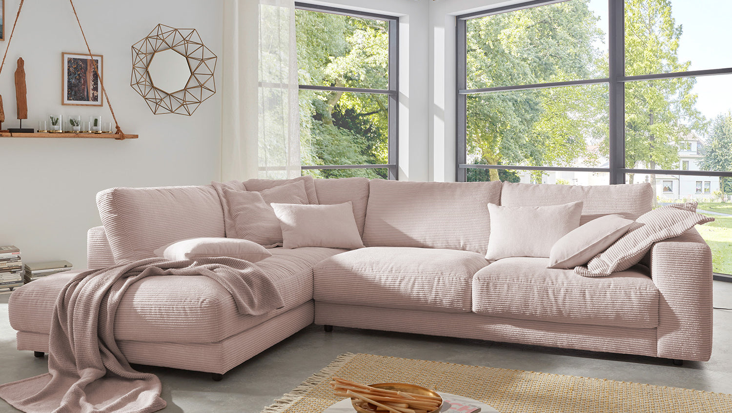 KAWOLA Sofa MADELINE Ecksofa mit Recamiere Cord rosa