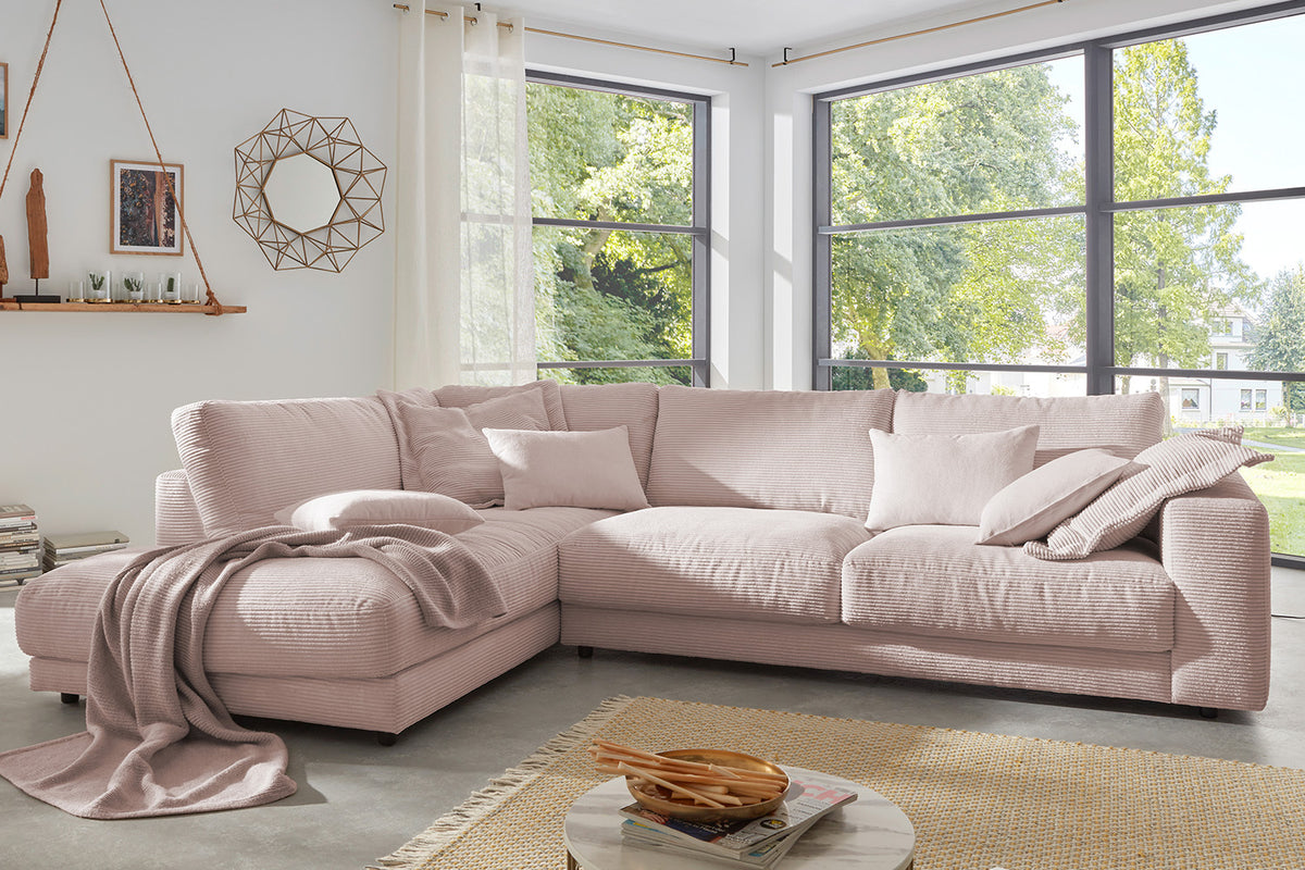 KAWOLA Sofa MADELINE Ecksofa mit Recamiere Cord rosa