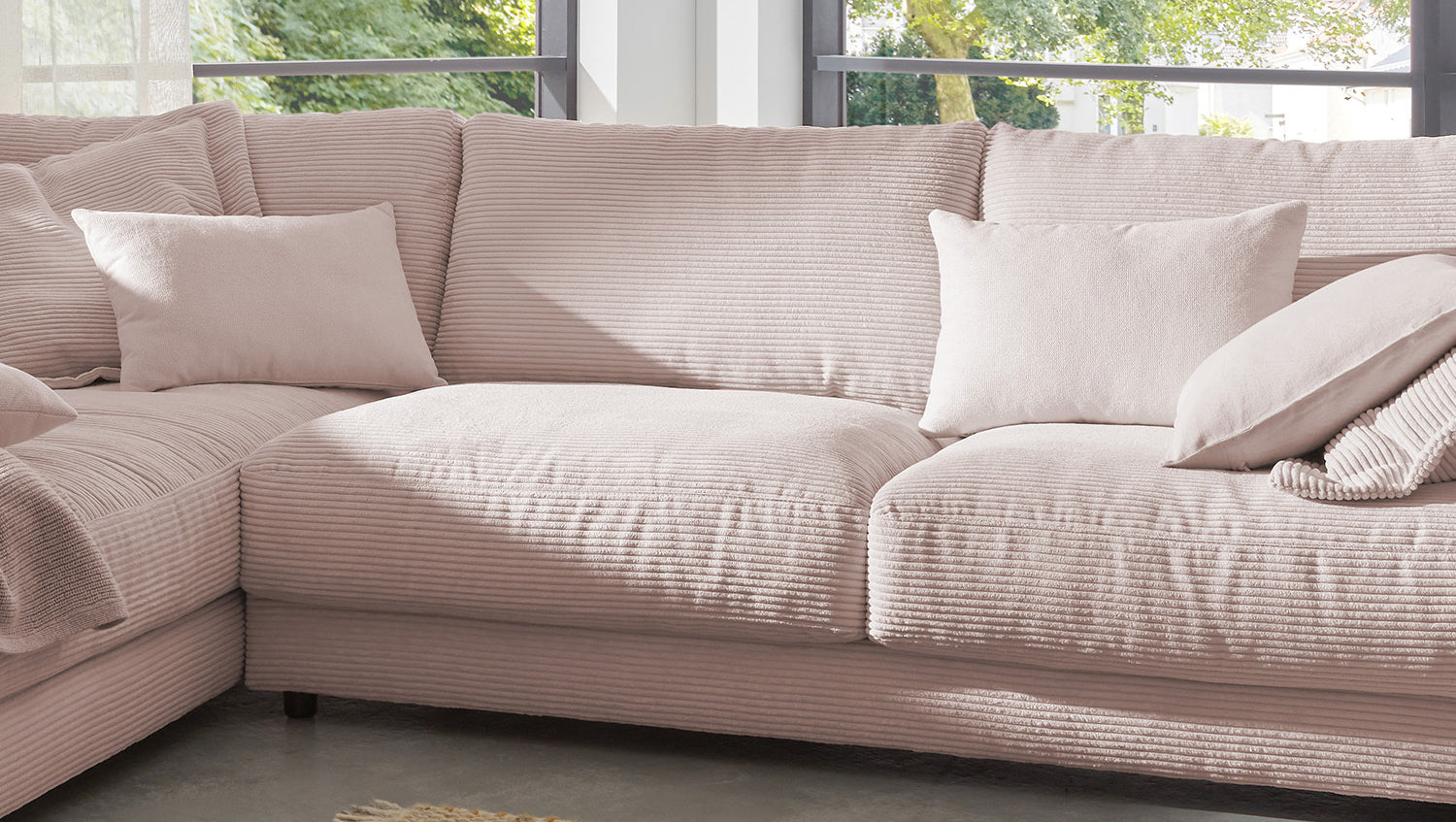 KAWOLA Sofa MADELINE Ecksofa mit Recamiere Cord rosa