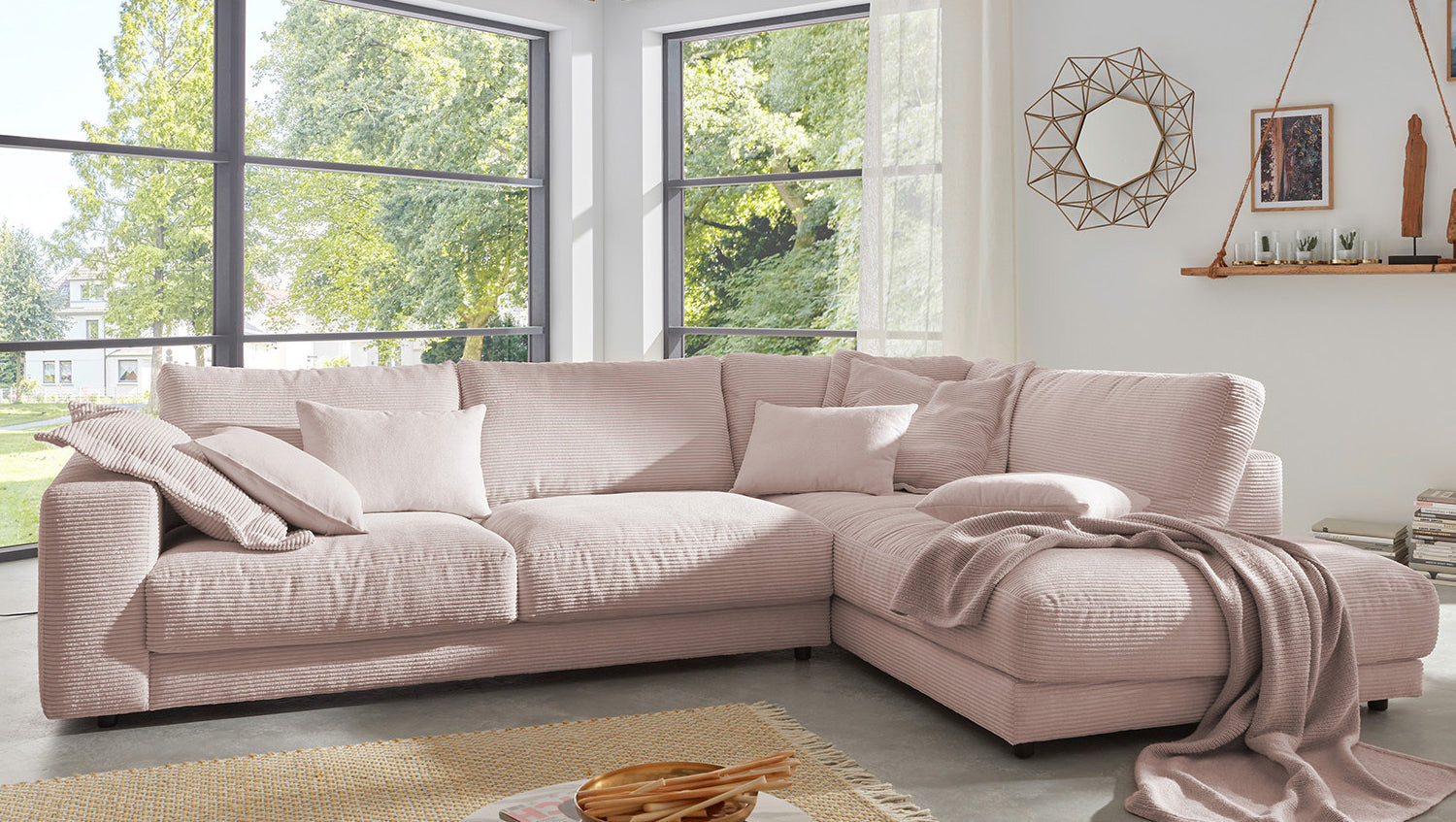 KAWOLA Sofa MADELINE Ecksofa mit Recamiere Cord rosa