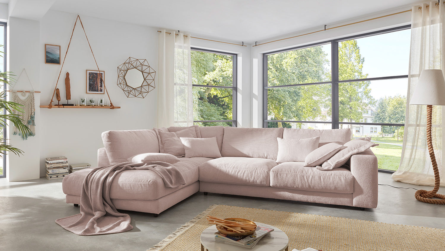 KAWOLA Sofa MADELINE Ecksofa mit Recamiere Cord rosa, Links