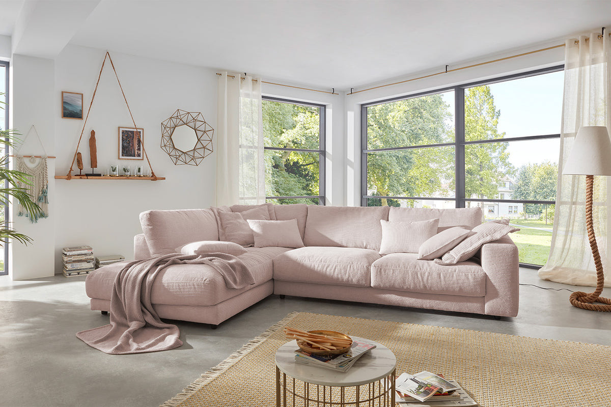 KAWOLA Sofa MADELINE Ecksofa mit Recamiere Cord rosa, Links