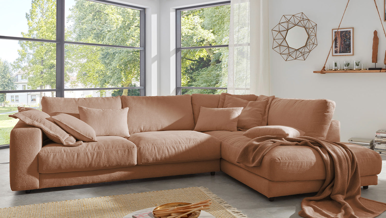 KAWOLA Sofa MADELINE Ecksofa mit Recamiere Cord rost