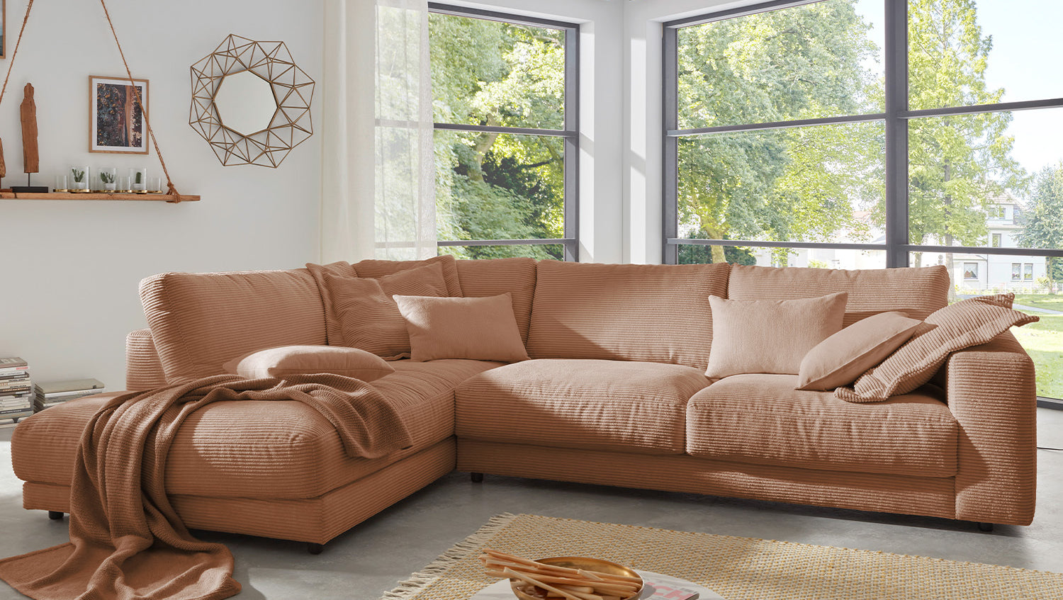 KAWOLA Sofa MADELINE Ecksofa mit Recamiere Cord rost