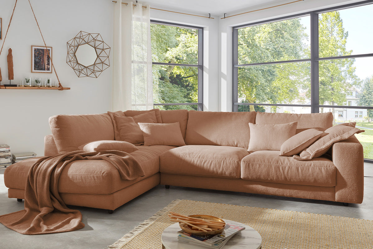 KAWOLA Sofa MADELINE Ecksofa mit Recamiere Cord rost