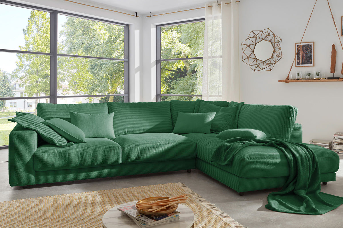KAWOLA Sofa MADELINE Ecksofa mit Recamiere Cord smaragd