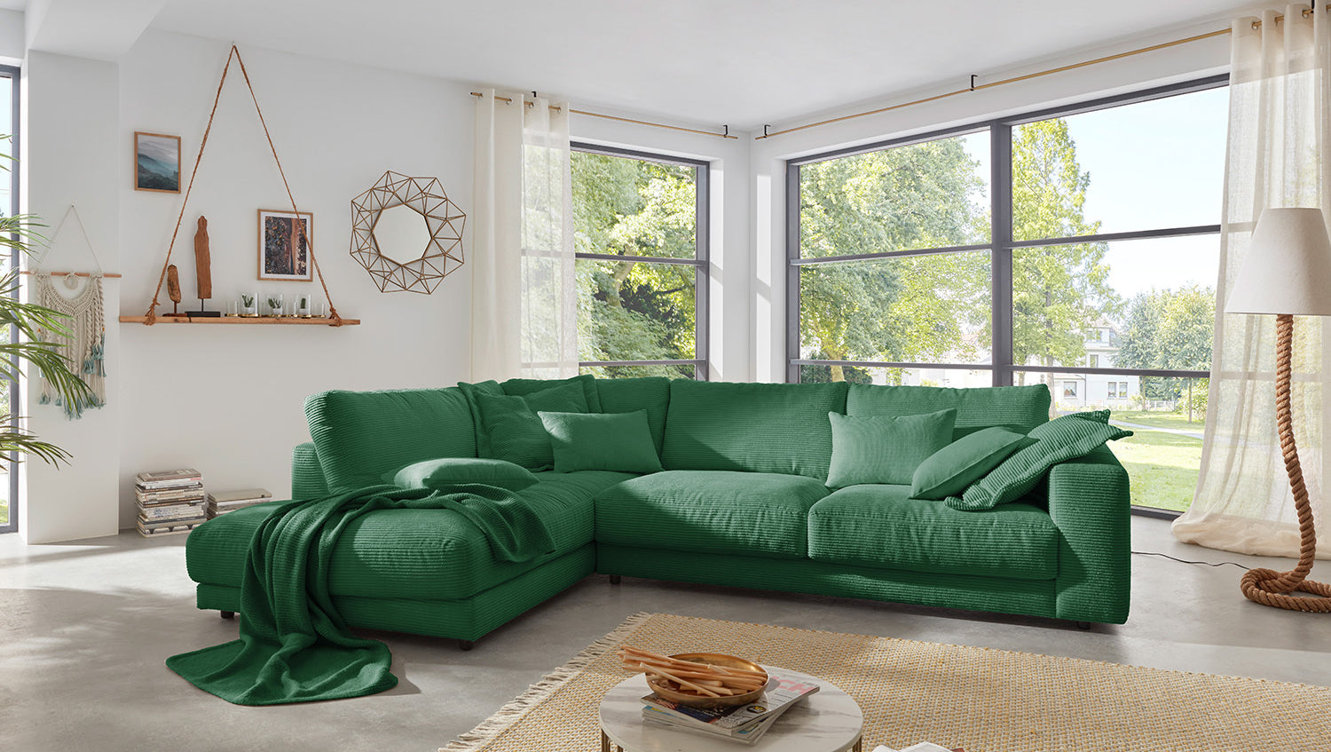 KAWOLA Sofa MADELINE Ecksofa mit Recamiere Cord smaragd, Links