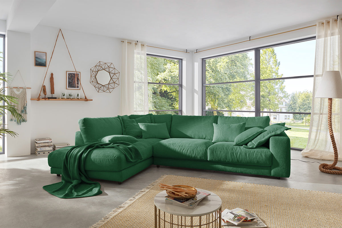 KAWOLA Sofa MADELINE Ecksofa mit Recamiere Cord smaragd, Links