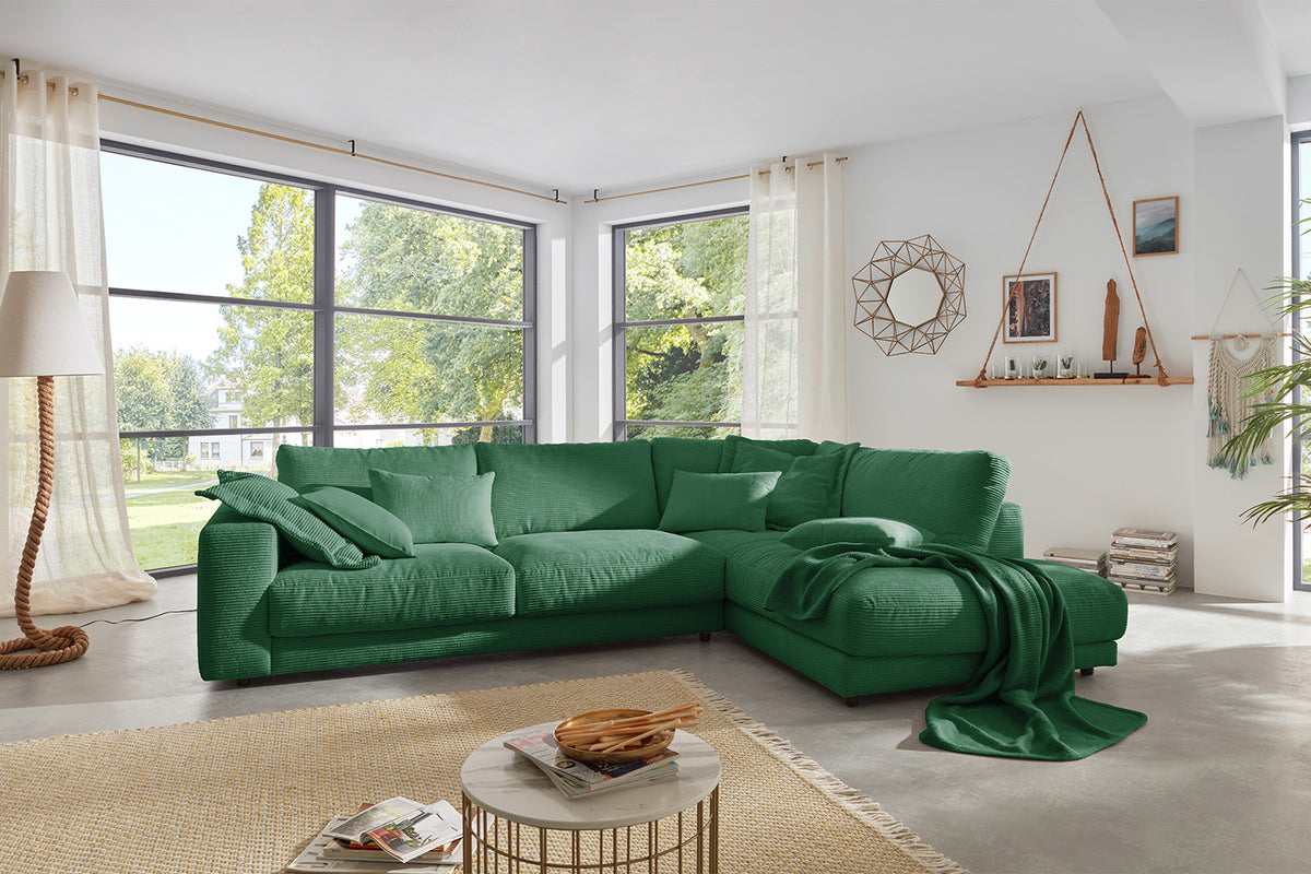 KAWOLA Sofa MADELINE Ecksofa mit Recamiere Cord smaragd, Rechts