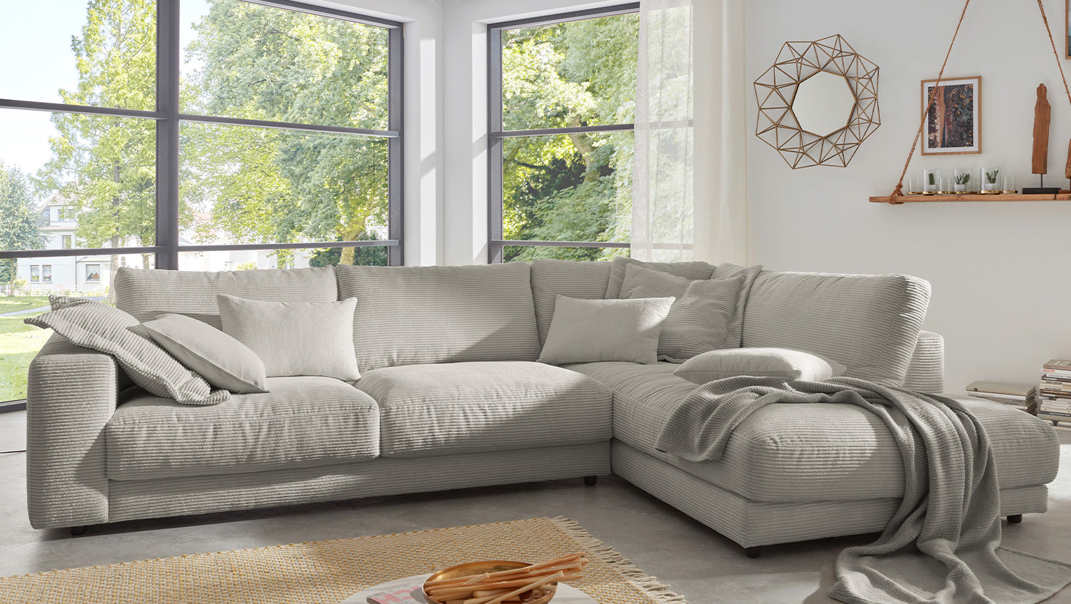 KAWOLA Sofa MADELINE Ecksofa mit Recamiere Cord steingrau