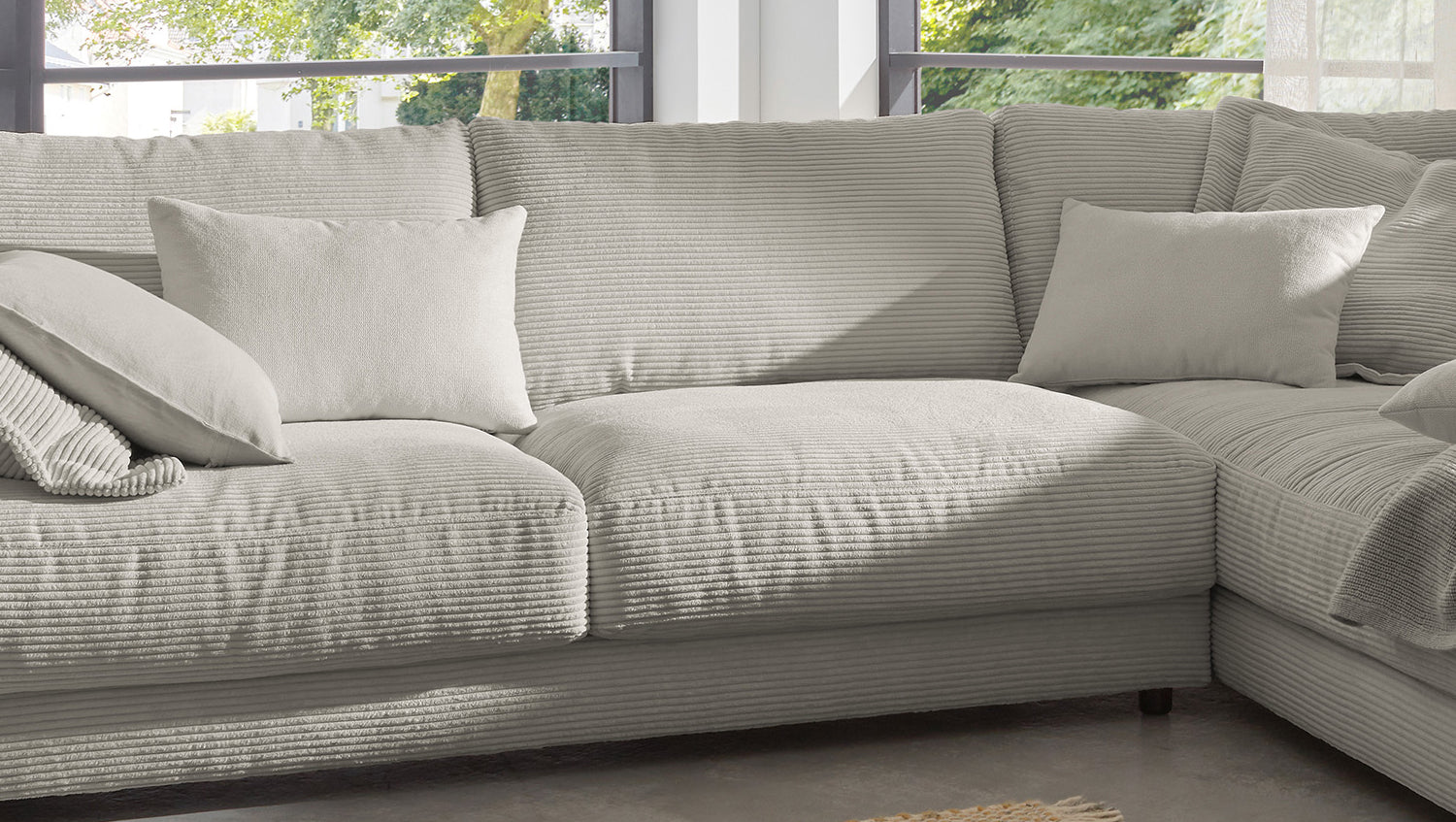 KAWOLA Sofa MADELINE Ecksofa mit Recamiere Cord steingrau