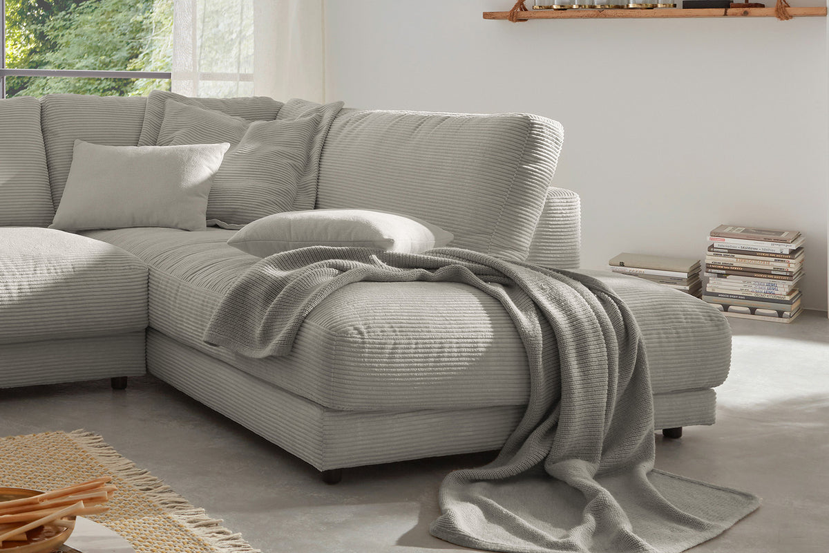 KAWOLA Sofa MADELINE Ecksofa mit Recamiere Cord steingrau