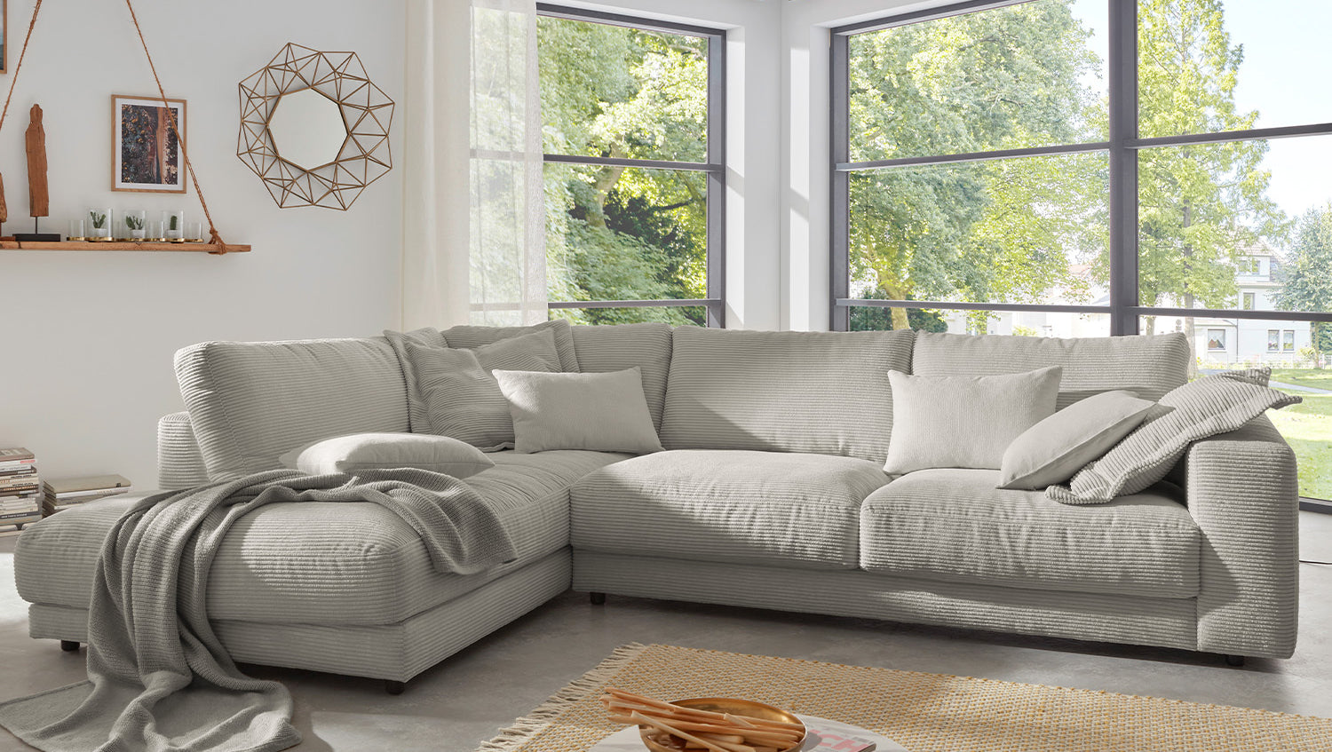 KAWOLA Sofa MADELINE Ecksofa mit Recamiere Cord steingrau