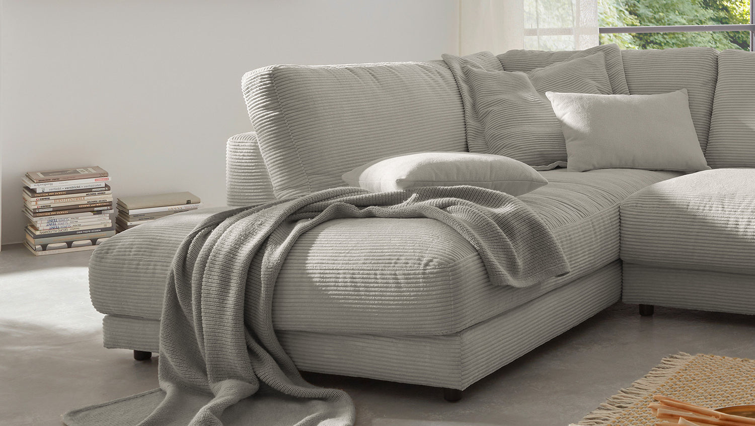 KAWOLA Sofa MADELINE Ecksofa mit Recamiere Cord steingrau