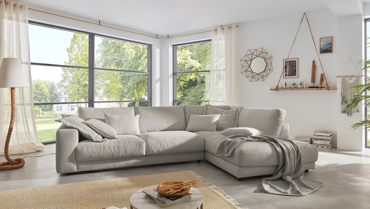 KAWOLA Sofa MADELINE Ecksofa mit Recamiere Cord steingrau, Rechts