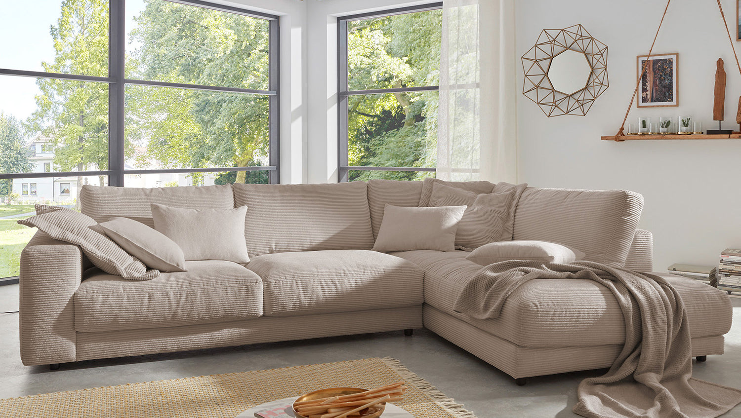 KAWOLA Sofa MADELINE Ecksofa mit Recamiere Cord taupe