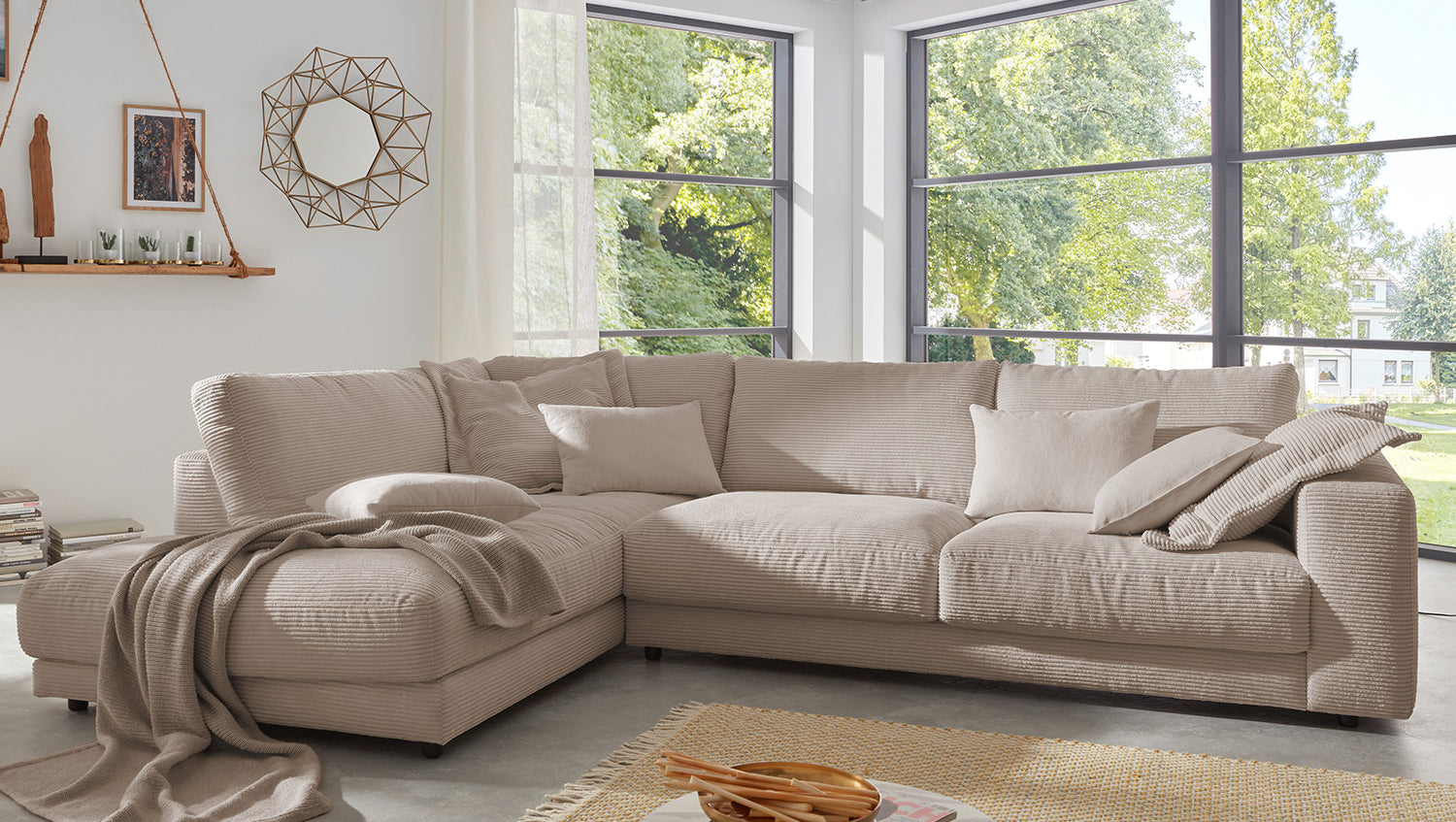 KAWOLA Sofa MADELINE Ecksofa mit Recamiere Cord taupe
