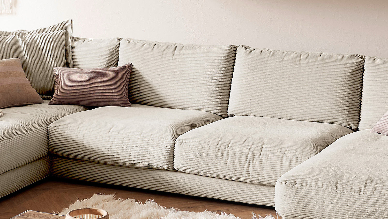 KAWOLA Sofa MADELINE Wohnlandschaft U-Form Cord cremeweiß