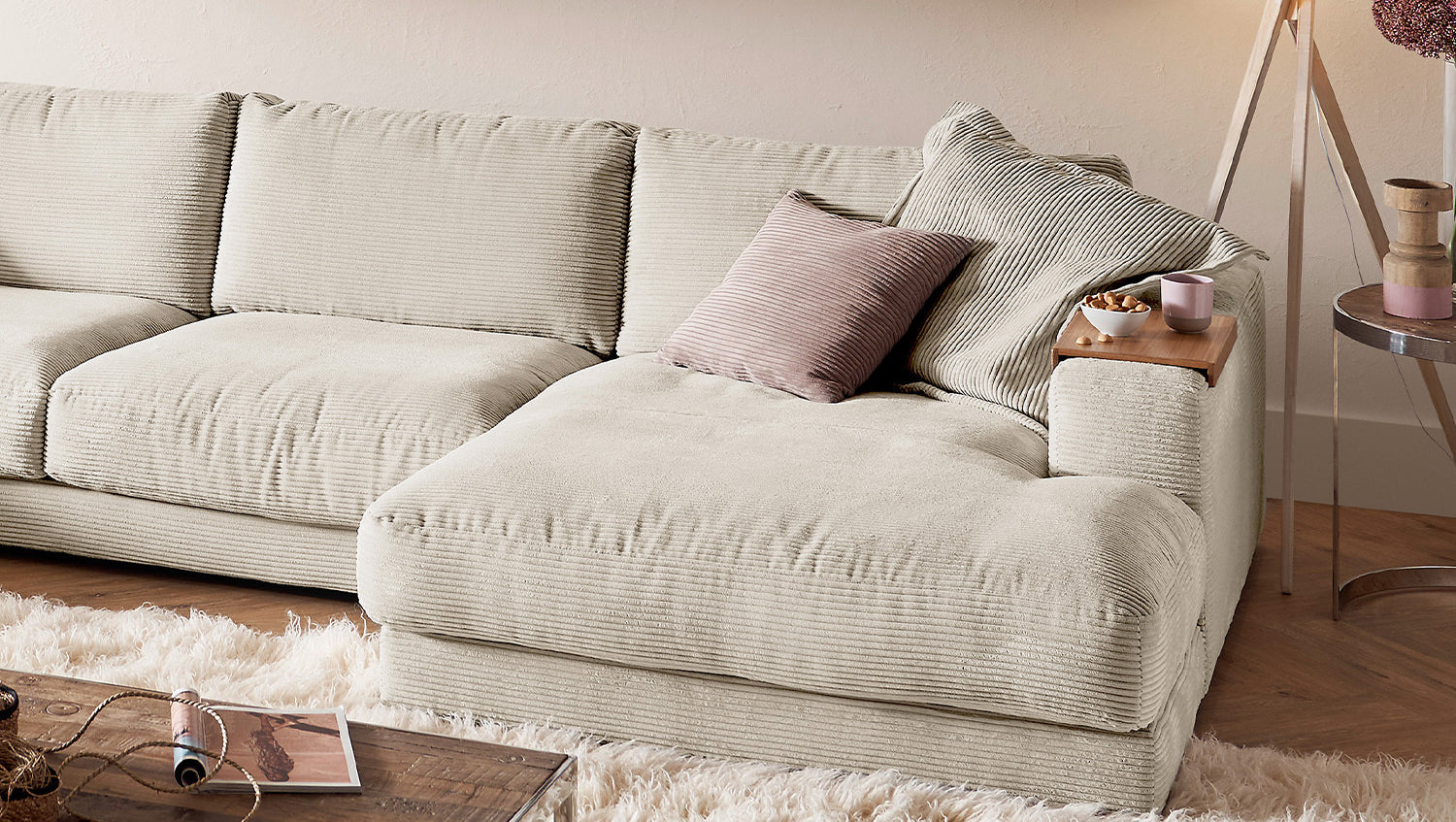 KAWOLA Sofa MADELINE Wohnlandschaft U-Form Cord cremeweiß