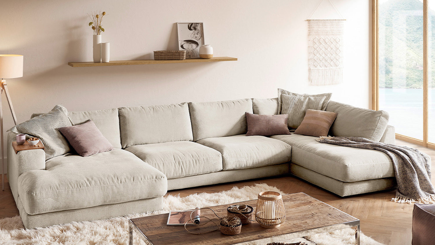 KAWOLA Sofa MADELINE Wohnlandschaft U-Form Cord cremeweiß