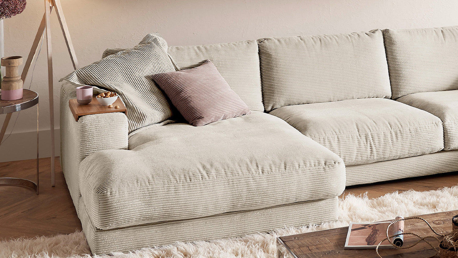 KAWOLA Sofa MADELINE Wohnlandschaft U-Form Cord cremeweiß