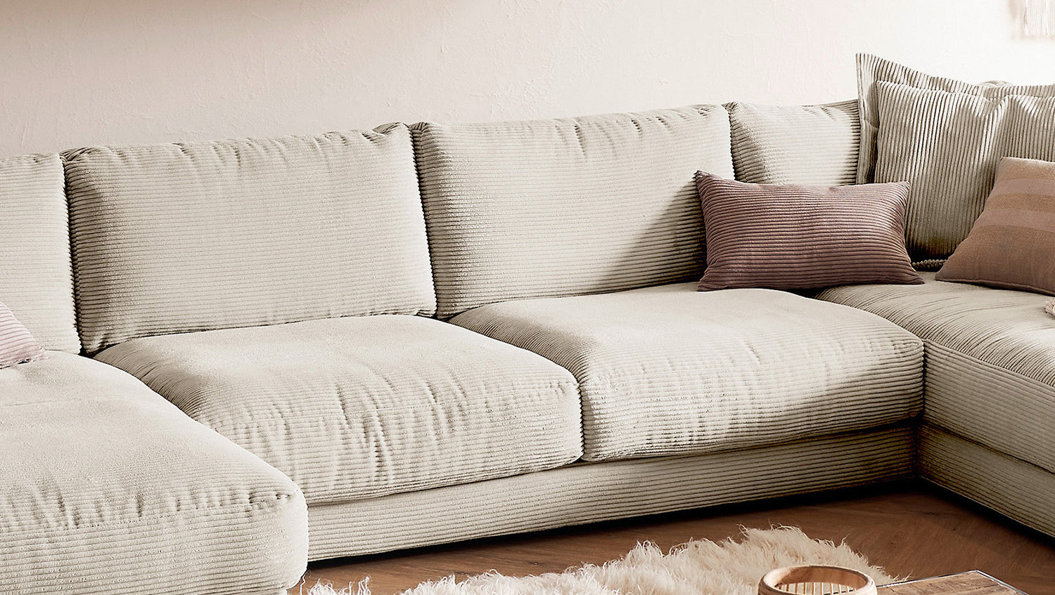 KAWOLA Sofa MADELINE Wohnlandschaft U-Form Cord cremeweiß