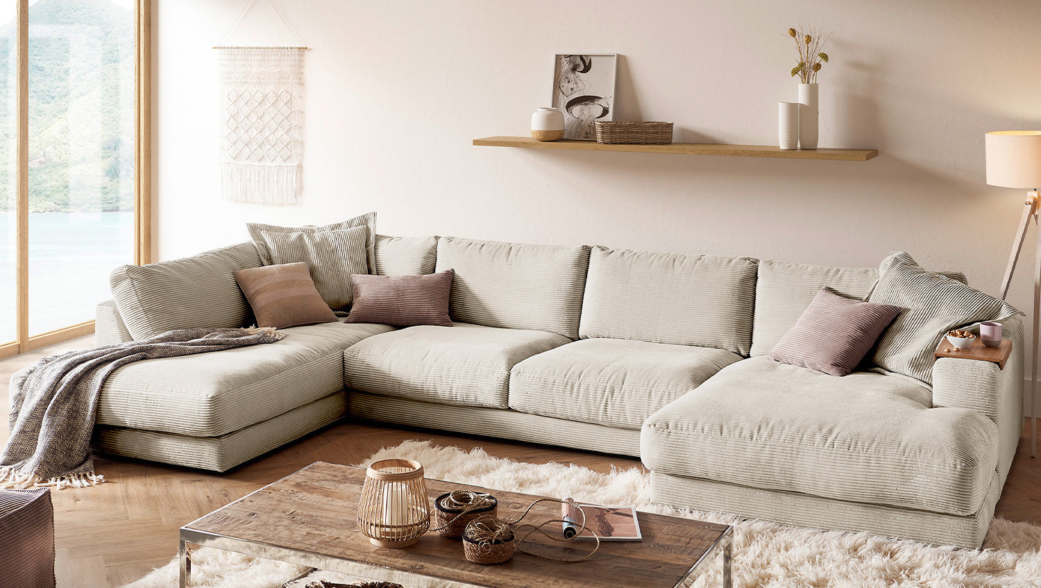 KAWOLA Sofa MADELINE Wohnlandschaft U-Form Cord cremeweiß