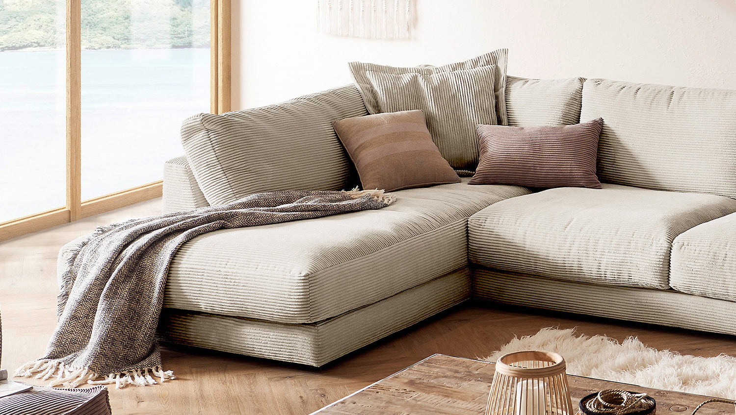 KAWOLA Sofa MADELINE Wohnlandschaft U-Form Cord cremeweiß