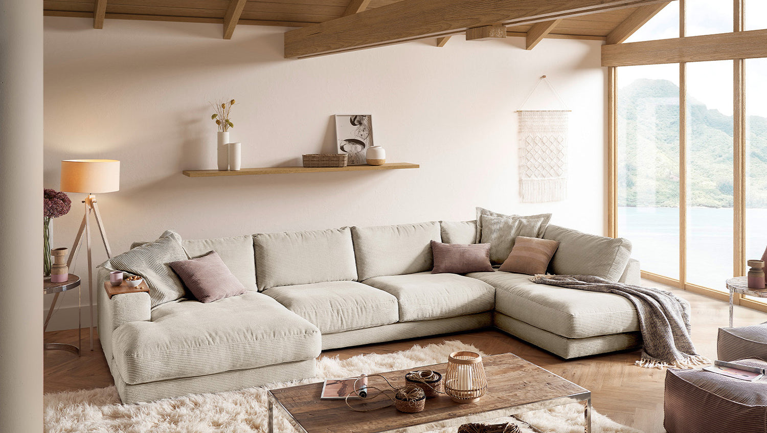 KAWOLA Sofa MADELINE Wohnlandschaft U-Form Cord cremeweiß, Links