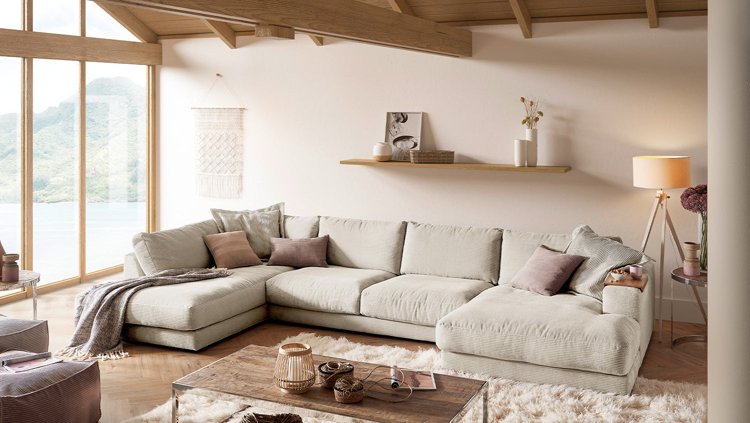 KAWOLA Sofa MADELINE Wohnlandschaft U-Form Cord cremeweiß, Rechts