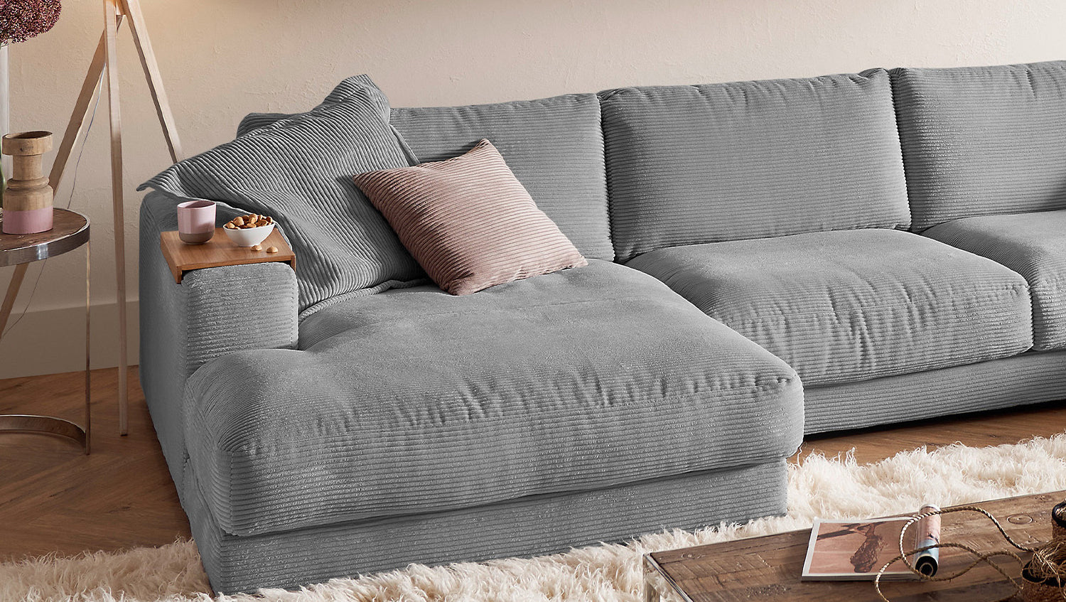 KAWOLA Sofa MADELINE Wohnlandschaft U-Form Cord grau