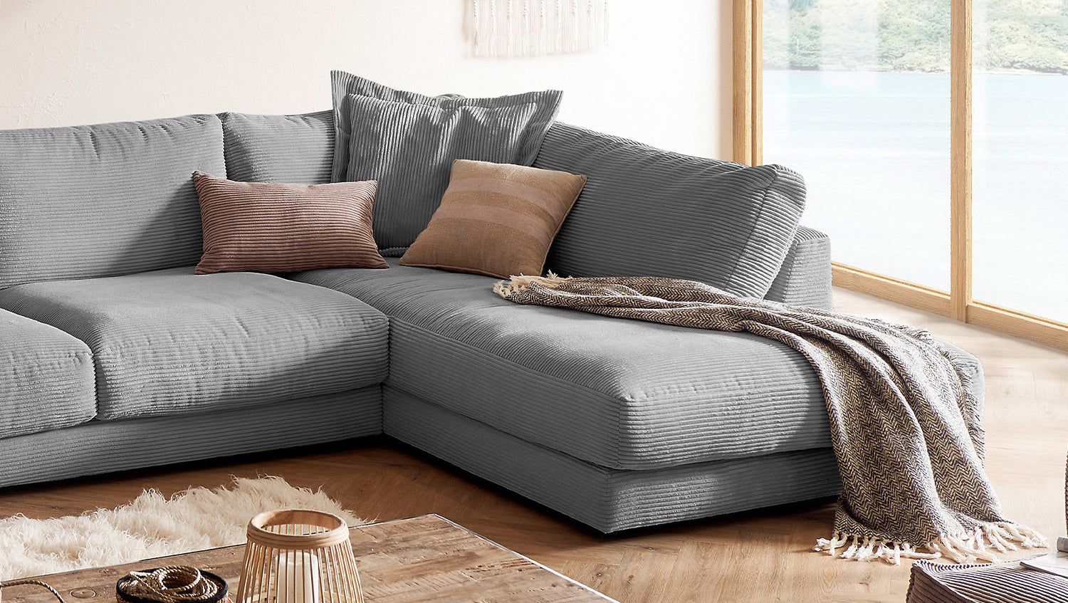 KAWOLA Sofa MADELINE Wohnlandschaft U-Form Cord grau