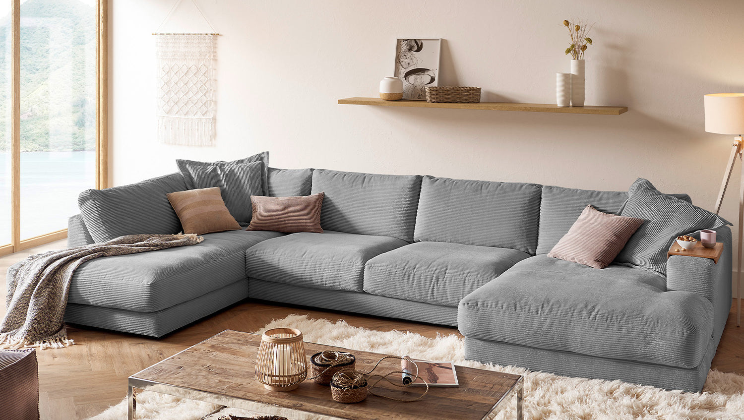 KAWOLA Sofa MADELINE Wohnlandschaft U-Form Cord grau