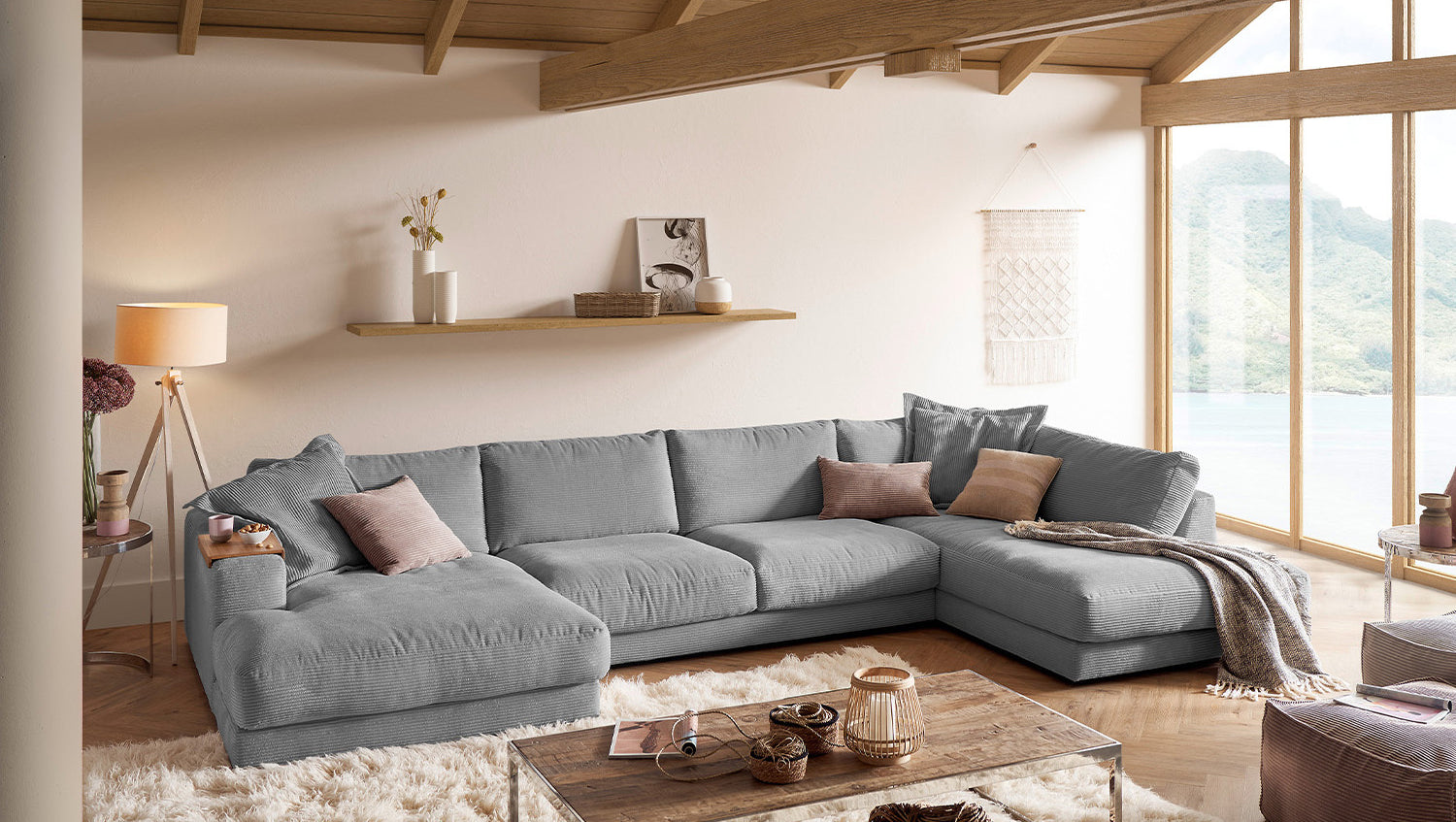 KAWOLA Sofa MADELINE Wohnlandschaft U-Form Cord grau, Links