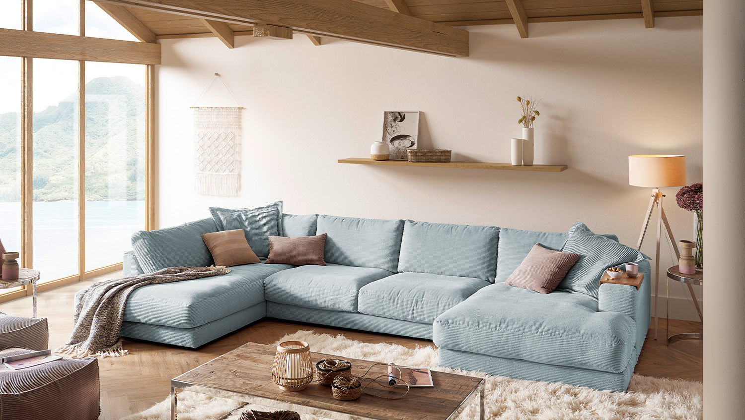 KAWOLA Sofa MADELINE Wohnlandschaft U-Form Cord hellblau, Rechts