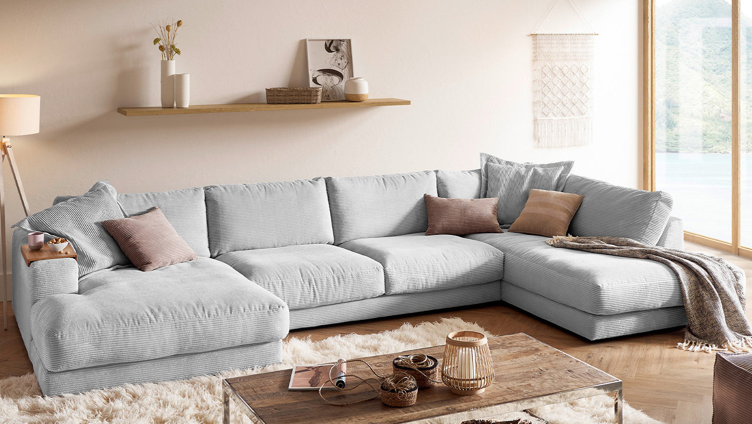 KAWOLA Sofa MADELINE Wohnlandschaft U-Form Cord hellgrau