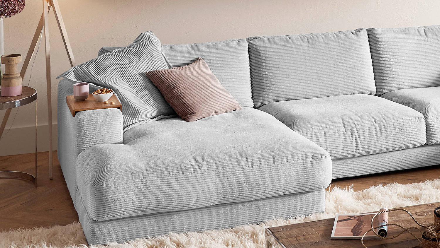 KAWOLA Sofa MADELINE Wohnlandschaft U-Form Cord hellgrau