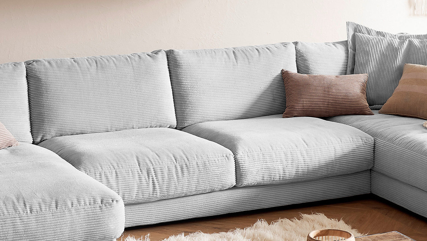 KAWOLA Sofa MADELINE Wohnlandschaft U-Form Cord hellgrau