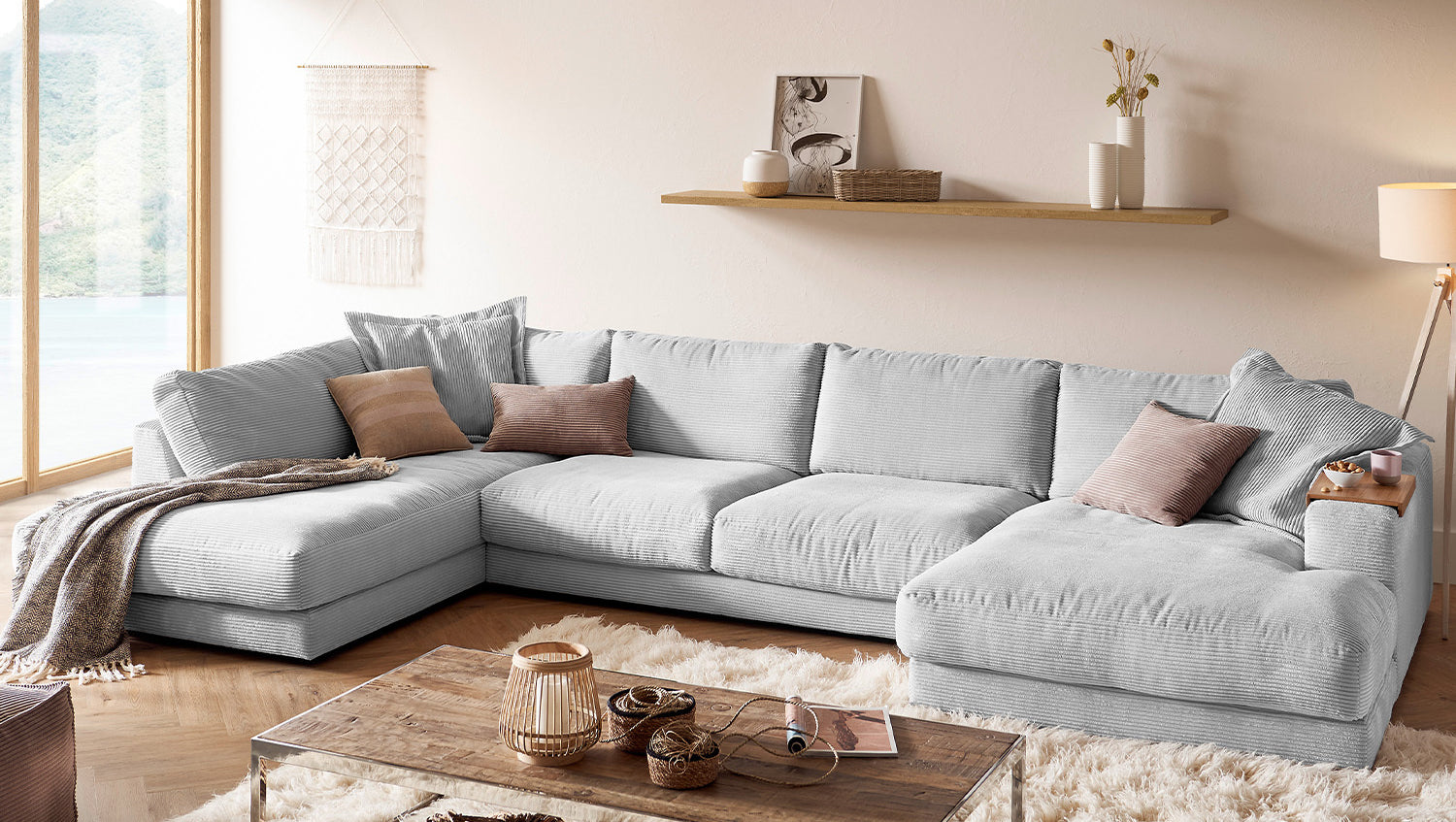KAWOLA Sofa MADELINE Wohnlandschaft U-Form Cord hellgrau