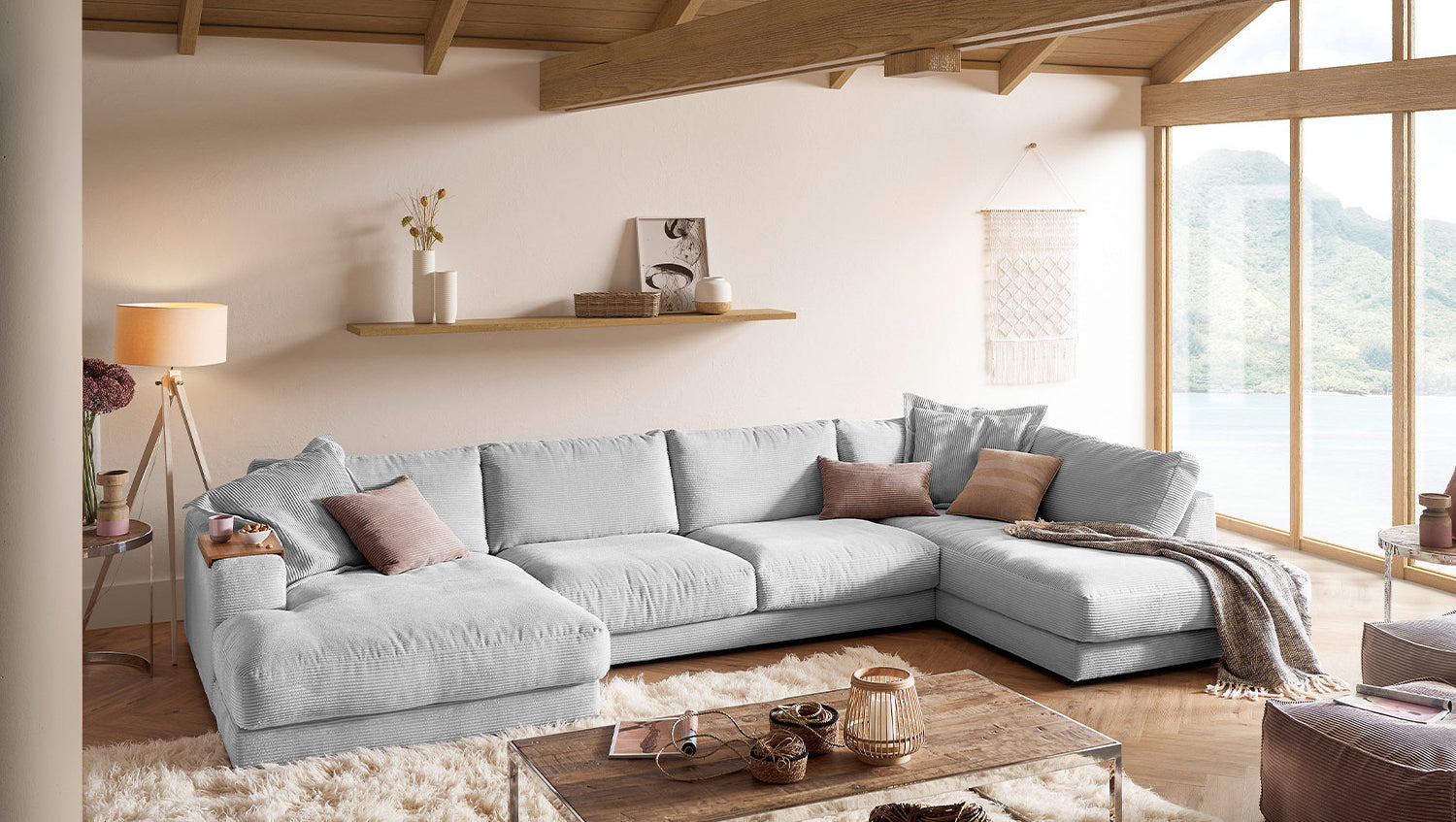 KAWOLA Sofa MADELINE Wohnlandschaft U-Form Cord hellgrau, Links