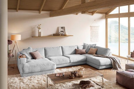 KAWOLA Sofa MADELINE Wohnlandschaft U-Form Cord hellgrau, Links