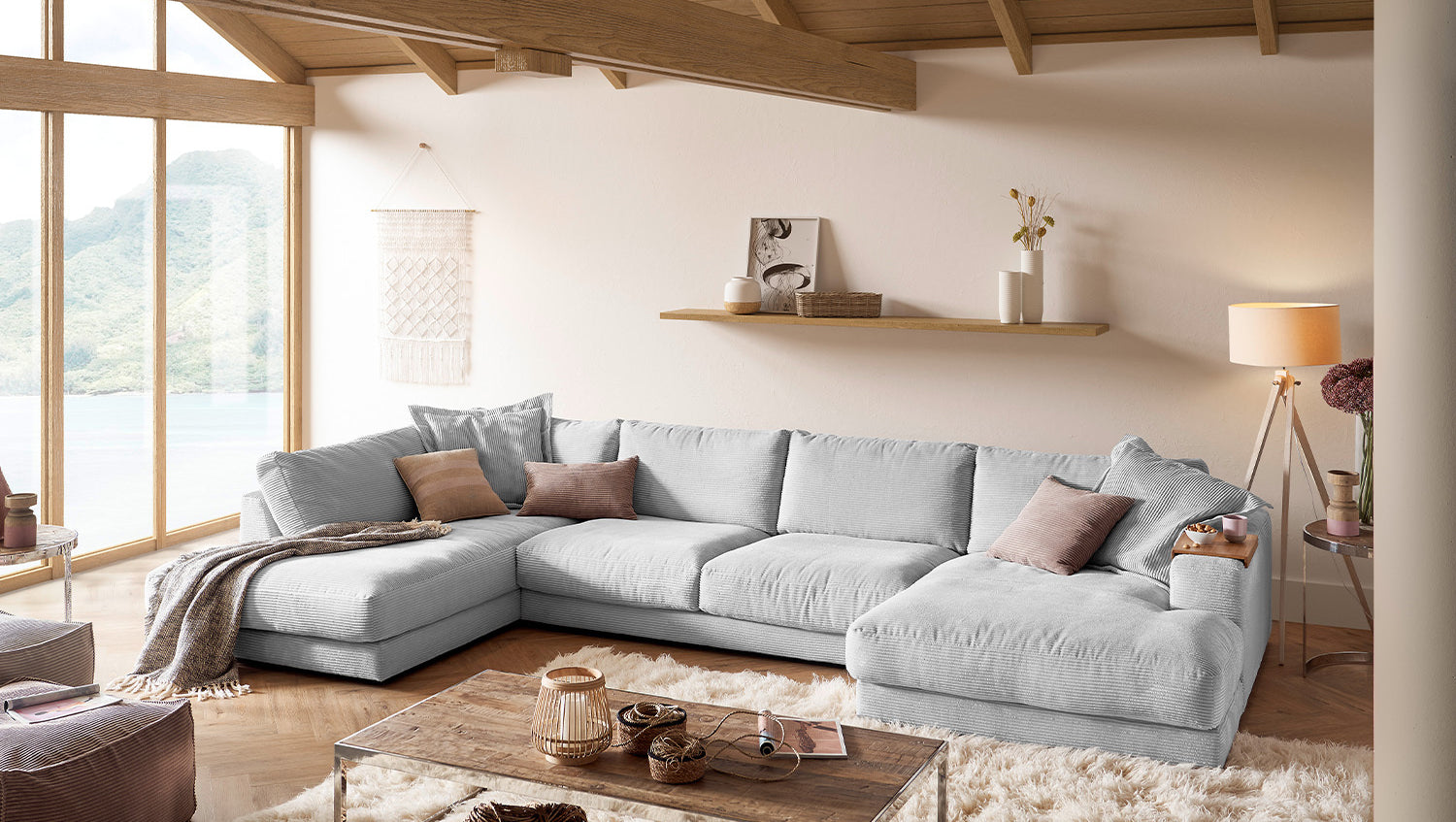 KAWOLA Sofa MADELINE Wohnlandschaft U-Form Cord hellgrau, Rechts