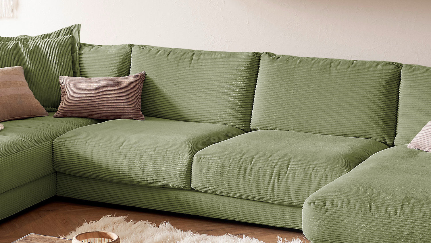 KAWOLA Sofa MADELINE Wohnlandschaft U-Form Cord olivgrün